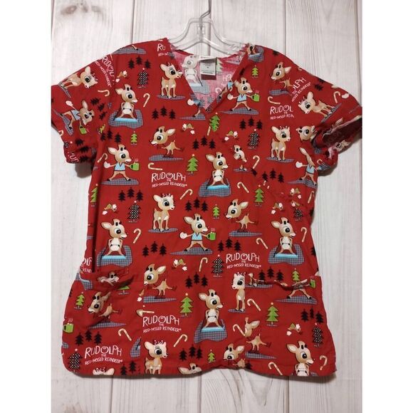 Rudolph Scrub Top Ladies Medium‎ Red V-Neck - Picture 1 of 7